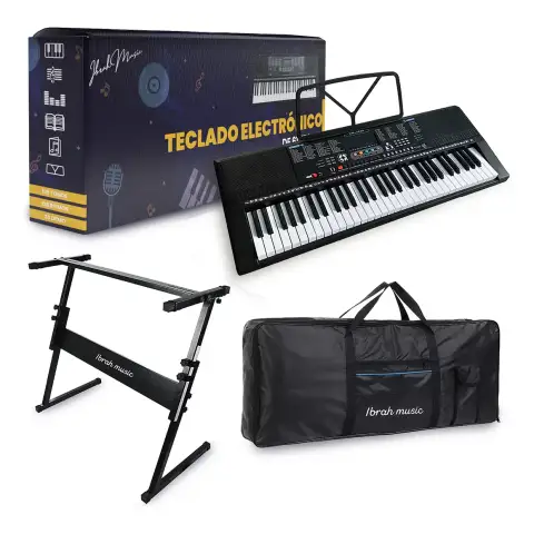 Teclado Musical 61 Teclas Ibrah Piano + Funda + Atril Color Negro